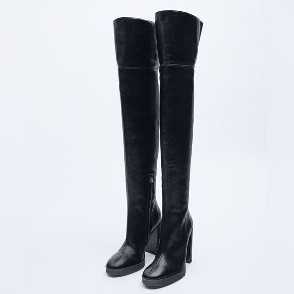 Zara OVER-THE-KNEE LEATHER BOOTS WITH FAUX SHEARLING LINING - Picture 7 of 11